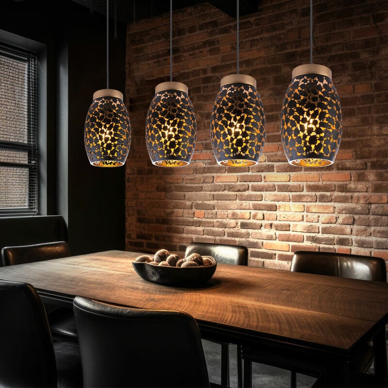 Globo - Suspension lampe suspendue table à manger 4 flammes lampe salle à manger suspension, oriental, métal noir or à motifs, 4x douilles E27, HxLxP