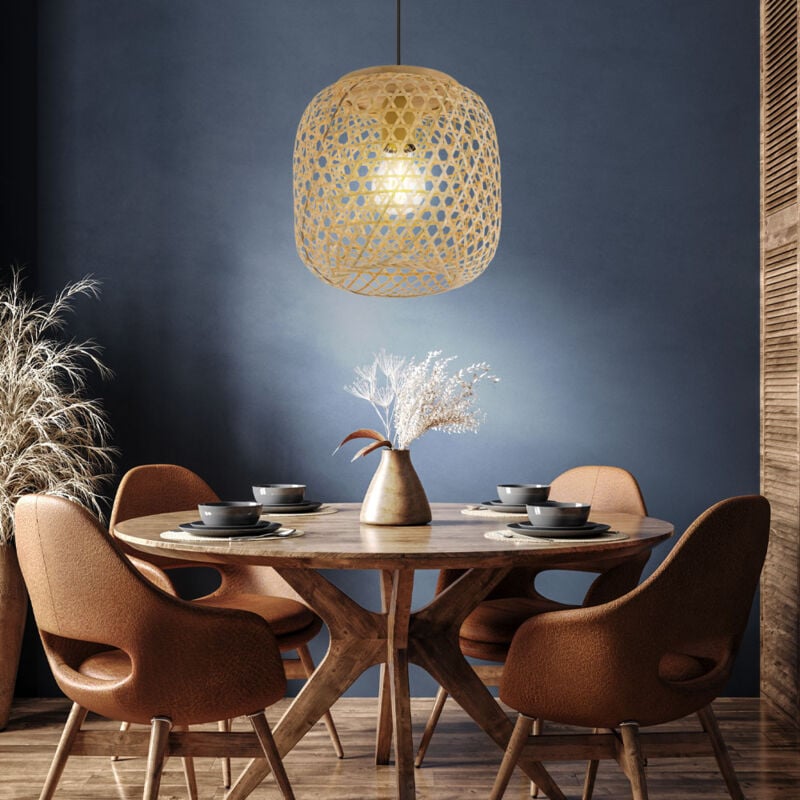 Suspension lampe suspendue table à manger suspension bambou look boho en couleur naturelle, métal noir, 1x E27, DxH 23x135 cm