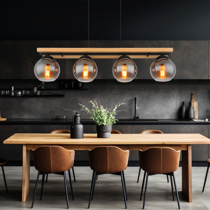 Globo - Suspension lampe suspension aspect bois lampe de salle à manger maison de campagne suspension 4 flammes, métal noir, 4x douille E27, LxPxH
