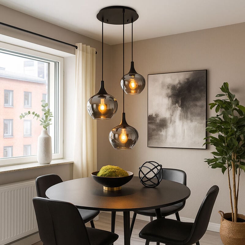 Suspension lampe suspension salle à manger suspension salon lampe de table à manger abat-jour en verre fumé, métal noir, douilles 3x E27, DxH 48x120