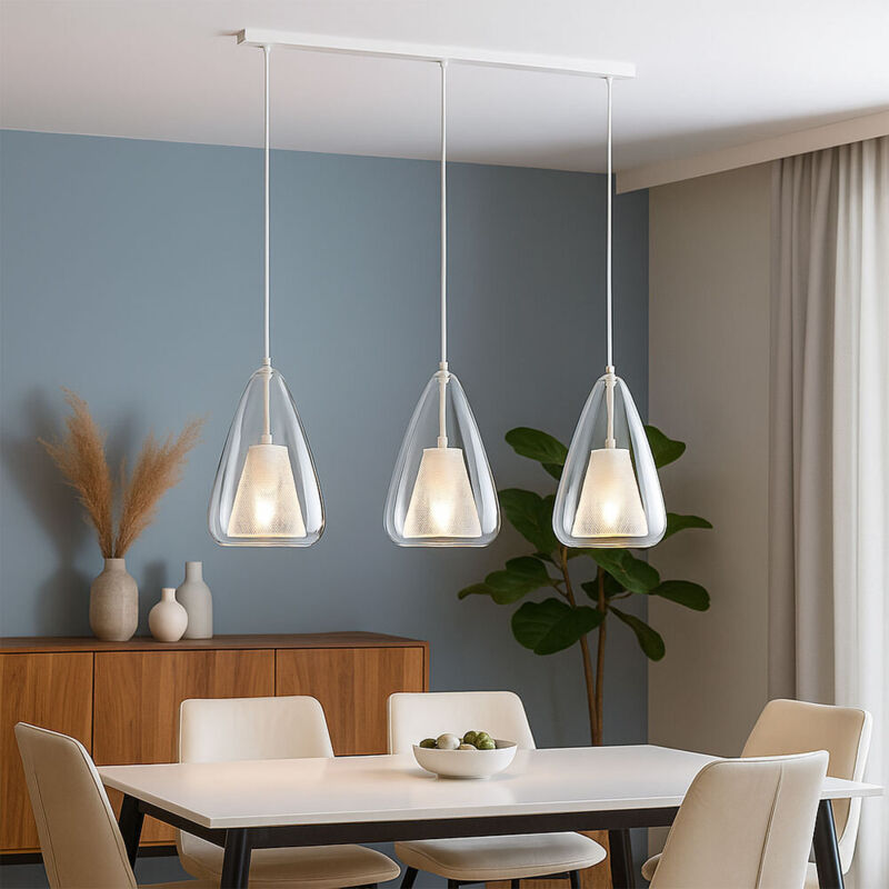 Lampe à suspendre 3 flammes Lampe de table à manger verre clair Suspension métal blanc Lampe de salon, métal, 3x E14, LxH 75x150 cm Lampe à suspendre 3 flammes Lampe de table à manger verre clair Suspension métal blanc Lampe de salon, métal, 3x E14, LxH 75x150 cm