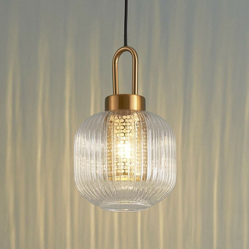 Kosilum – Suspension lanterne en verre transparent et laiton – Design bohème chic – Culot E27 – Accents dorés pour décoration intérieure