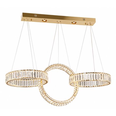 Suspension LED en cristal dorée, 3-design anneau, 3 couleurs de lumière, hauteur réglable, exclusive plafonnier pour salon