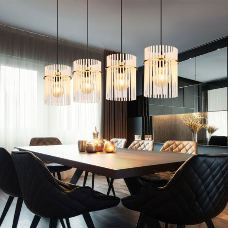 Suspension LED en verre et métal or – 4 lampes E27 9W 810lm blanc chaud – Longueur 110 cm – Design moderne pour salle à manger