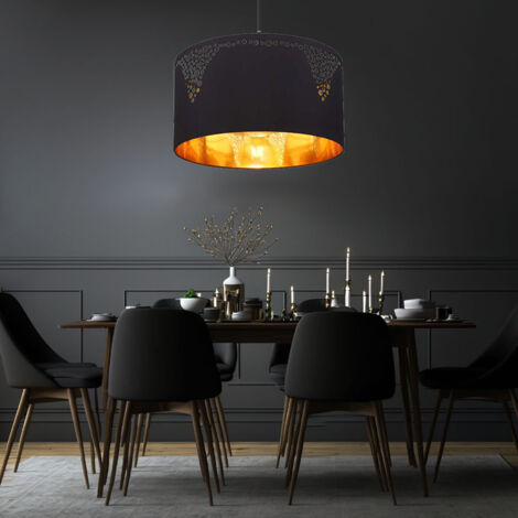 Suspension LED Lampe à suspendre noire table à manger ronde dorée Lampe de salon, textile métal noir, 1x douille E27, DxH 38x120 cm