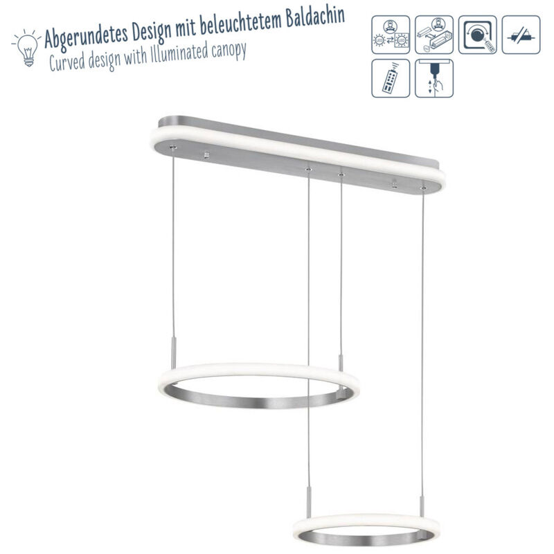 Suspension LED lampe de table à manger, télécommande, suspension réglable en hauteur, dimmable, anneaux, 34W 2550lm blanc chaud, LxlxH 40x63x150 cm