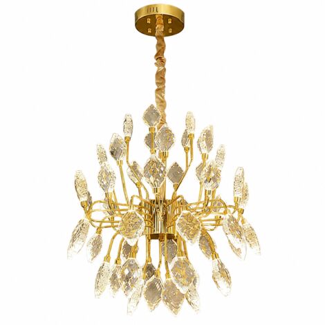 Suspension LED moderne dorée, lampe en cristal au design feuilles, 3 couleurs de lumière, dimmable, plafonnier élégant