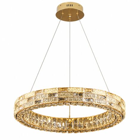 Suspension LED moderne en cristal ronde Ø60 cm, 3 couleurs de lumière, suspension dorée anneau, hauteur réglable, plafonnier de luxe