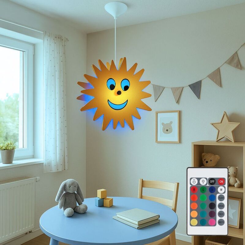 Lampe à suspension chambre d'enfant soleil lampe à suspension soleil lampe à suspension pour enfant, télécommande dimmable, bois jaune, 1x led 3,5W