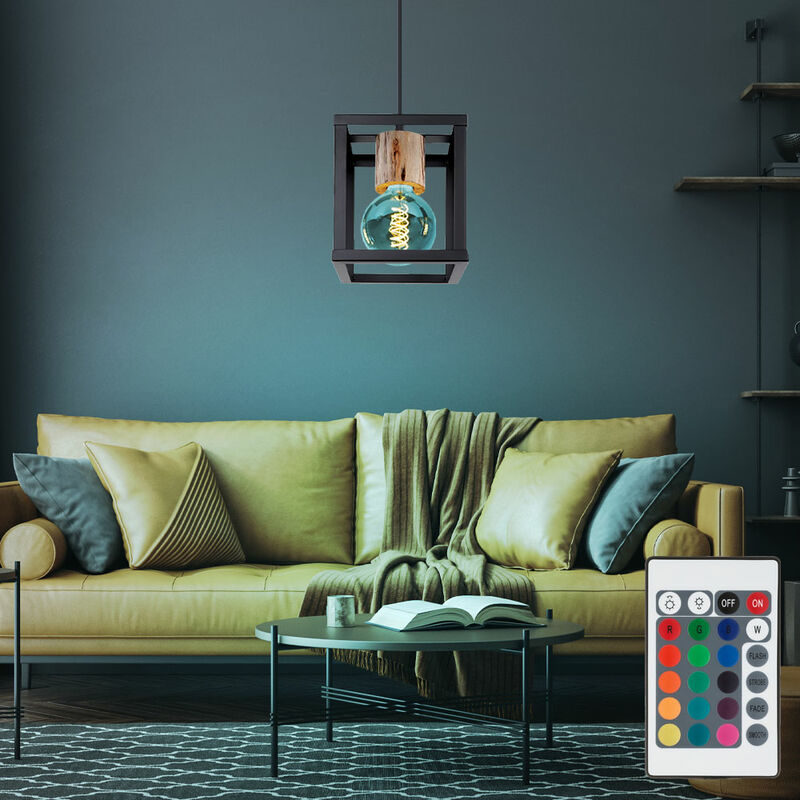 Etc-shop - Suspension rétro en bois dimmable pendule en bois noir mat télécommande dans un ensemble comprenant des ampoules LED RVB