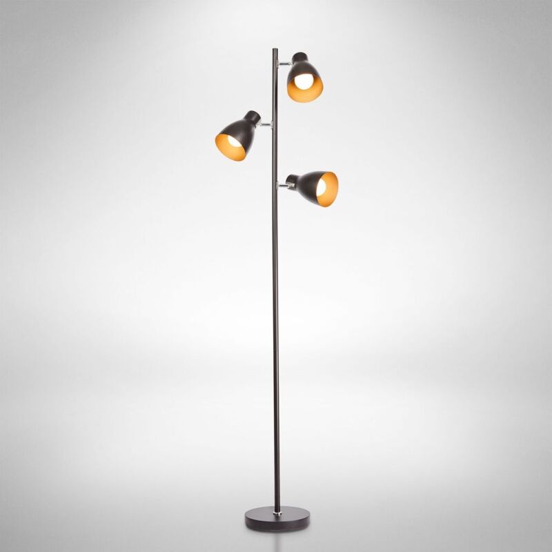 B.k.licht - Lampadaire design métal 3 spots noir-doré vintage retro spots orientables pivotables