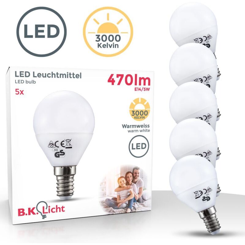 B.k.licht - Lot de 5 Ampoules led E14 Sphérique 5W 470 lumens Eq 35W Température de Couleur: Blanc chaud 3000K B.k.licht - Lot de 5 Ampoules led E14 Sphérique 5W 470 lumens Eq 35W Température de Couleur: Blanc chaud 3000K