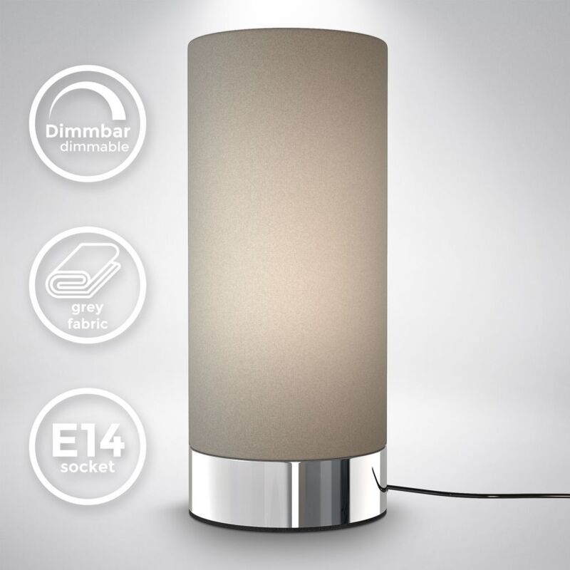 Lampe de table en tissu Taupe i fonction tactile i 3 fois gradable i E14 i socle chromé i sans ampoule