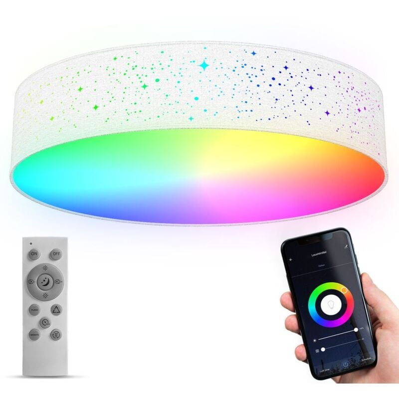 B.k.licht - Plafonnier tissu led connecté WiFi smart i Ø49 cm i cct i rvb i App et télécommande i dimmable i commande vocale i iOS & Android i ciel