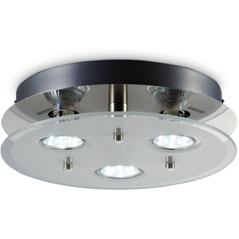 Plafonnier rond 3 spots, métal & verre satiné, 3 ampoules GU10 3W incluses, lumière blanche chaude 3000K, éclairage plafond élégant - B.k.licht