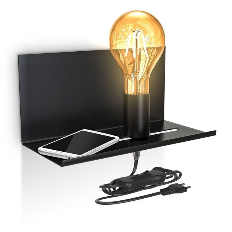 Applique murale réglable luminaire mural rétro lampe de chevet avec étagère interrupteur finition noire matte Applique murale réglable luminaire mural rétro lampe de chevet avec étagère interrupteur finition noire matte