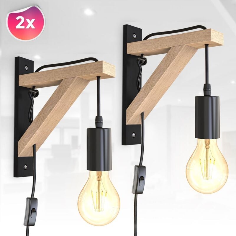 2x Applique led Industrielle Métal Bois Rétro Lampe Vintage Noir E27 Câble Lot de 2