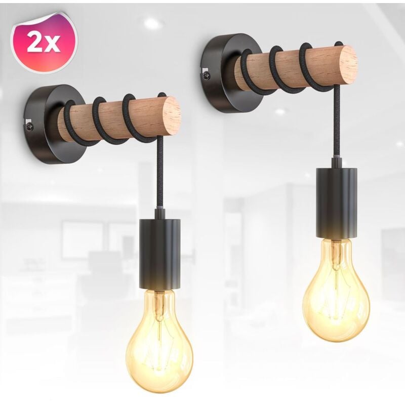 2x led Applique Rétro Lot de 2 Applique murale Industrielle Métal Bois Vintage noir excl. E27