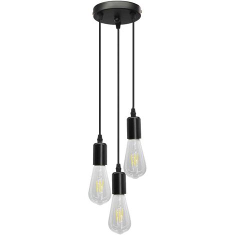 Suspension Loft Vintage à 3 lampes avec câble noir, idéale pour cuisine, bar, restaurant ou café. Lustre suspendu 220 V.