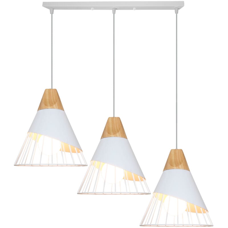 Suspension Luminaire 3 lumières en Barre Blanc Plafonnier Lustre en Bois Fer Eclairage Décoration pour Couloir Restaurant Bar