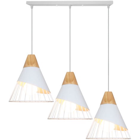 Suspension Luminaire 3 lumières en Barre Blanc Plafonnier Lustre en Bois Fer Eclairage Décoration pour Couloir Restaurant Bar