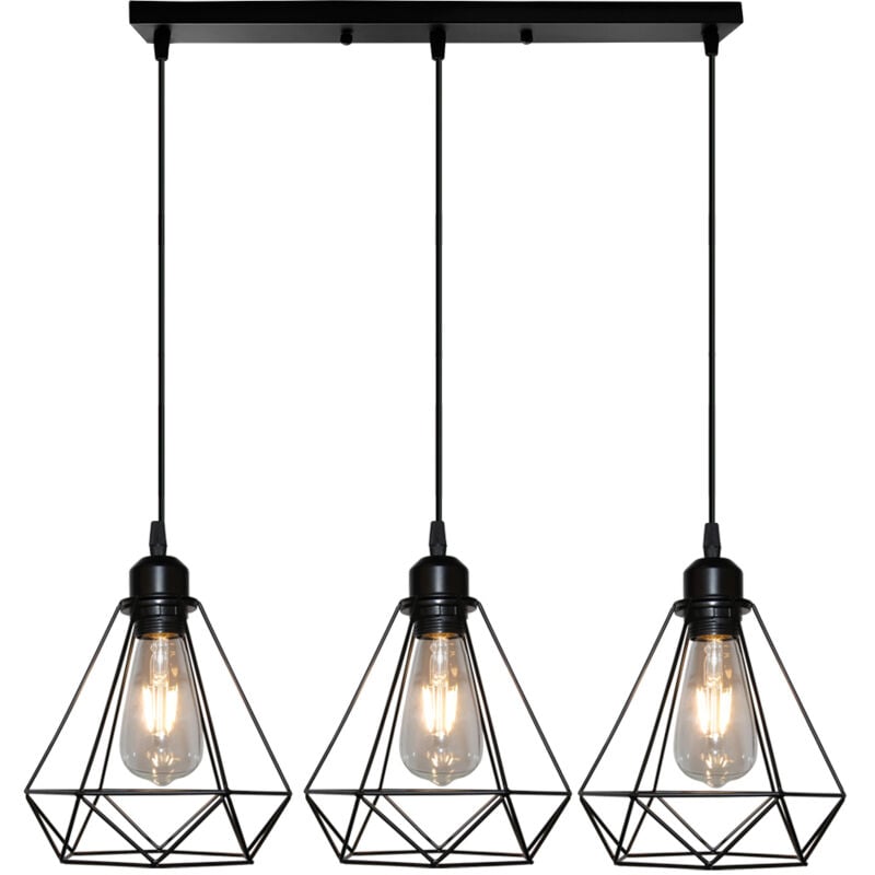Suspension Luminaire Antiques à 3 Lumières Lampes à Suspension Industrielles E27 Lustre Rétro En Métal Et Fer Plafonnier Vintage En Diamant Noir 20Cm