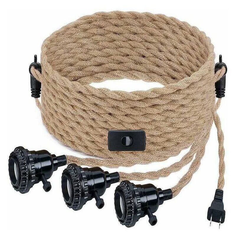 DPZO Suspension Luminaire avec Interrupteur et Prise Industrielle Vintage Lustre 3 Lumières E27 Suspension DIY Corde de Chanvre Accessoires de