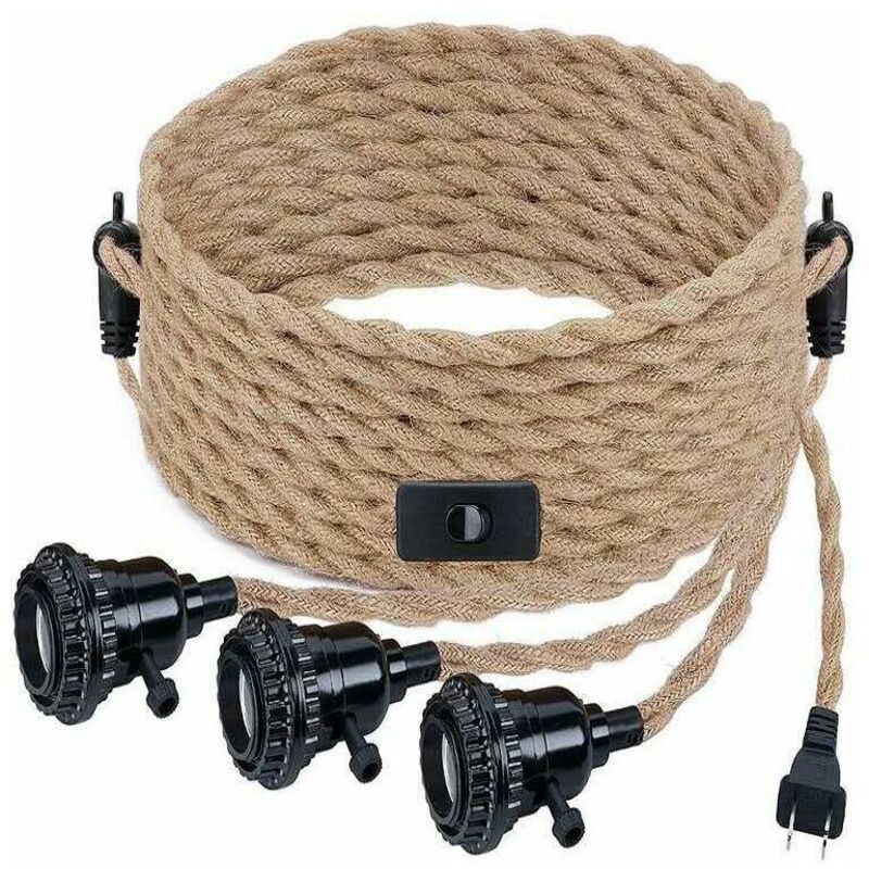 DPZO Suspension Luminaire avec Interrupteur et Prise Industrielle Vintage Lustre 3 Lumières E27 Suspension DIY Corde de Chanvre Accessoires de