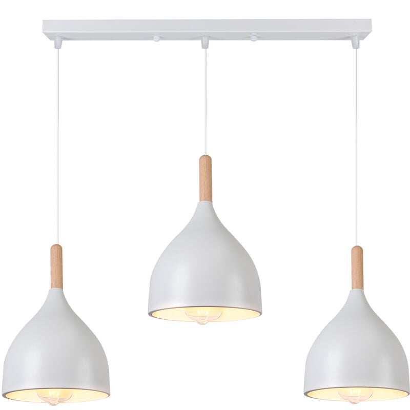 Suspension Luminaire de Salon Lustre en Bois Métal Lampe Plafonnier Industriel pour Chambre Cuisine - Blanc