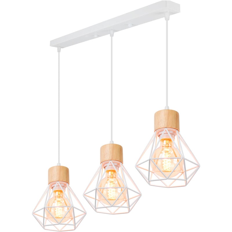 Suspension Luminaire en Bois Fer Lustre Suspension Deisgn Vintage Industrielle pour Salle à Manger Chambre Salon Blanc
