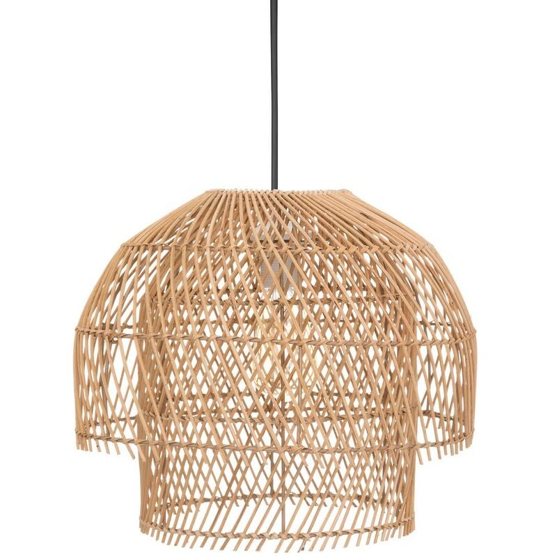 Suspension luminaire en métal noir et rotin coloris naturel - Diamètre 38 x hauteur 30 cm Pegane