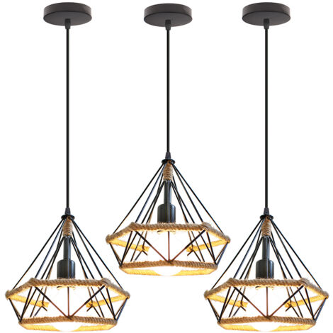 Suspension Luminaire Industriel E27 Lampe à Suspension Vintage Lampe Cage en Fer pour Chambre Salon Bar Noir - 3Pcs