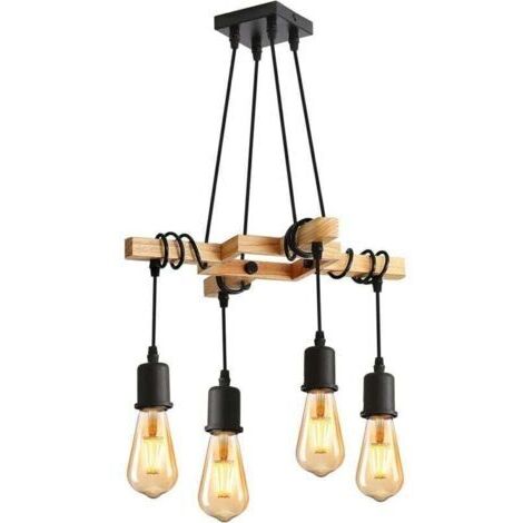 Suspension Luminaire Industriel, Plafonnier lustre en Bois E27, Luminaire Plafonnier Vintage Noir Réglable en Hauteur pour Salon Cuisine, Chambre, 4 Ampoules NON INCLUSES