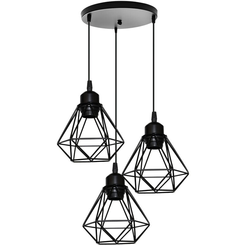 Suspension Luminaire Industrielle 16cm Cage Forme Diamant 3 Lumières Noir Luminaire Salon Hôtel Chambre Café