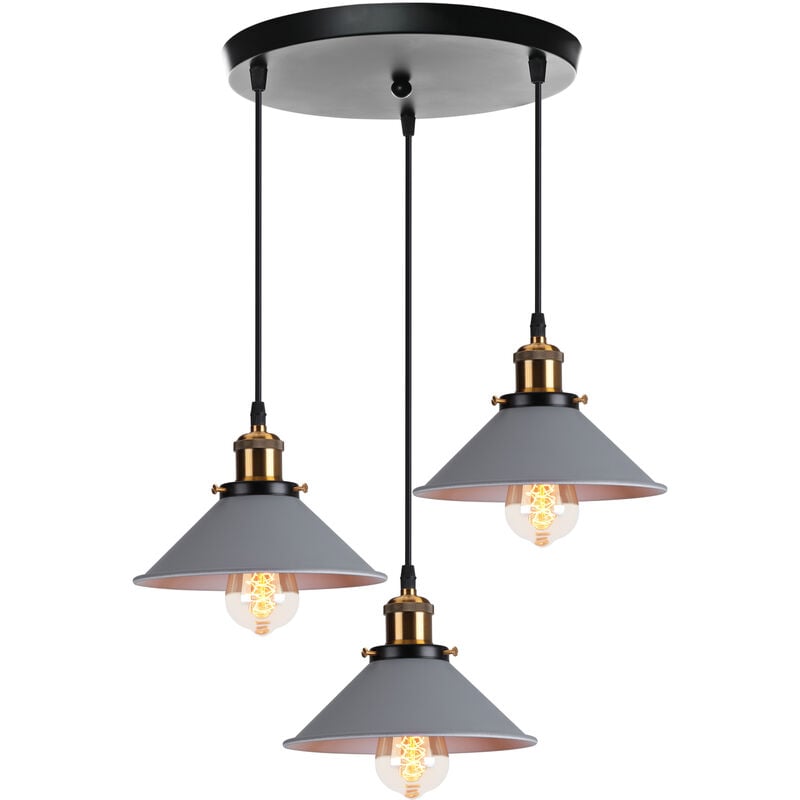 Lustre - suspension Luminaire Abat-jour Metal Lampe Suspension E27 22cm Gris 3 Tête avec Base Ronde