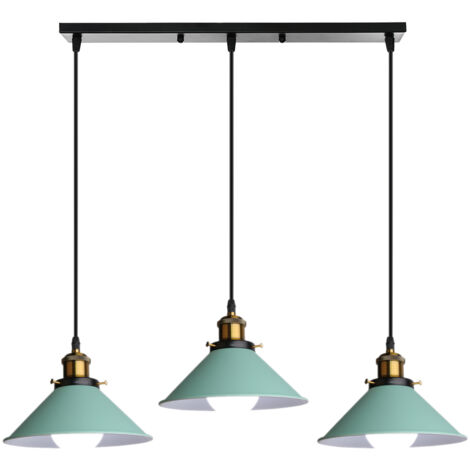 Suspension Luminaire Industrielle 3 Lumière Plafonniers Design Edison Métal Lustre Suspension avec Support de Barre Rectangle, Ø 22cm, Vert