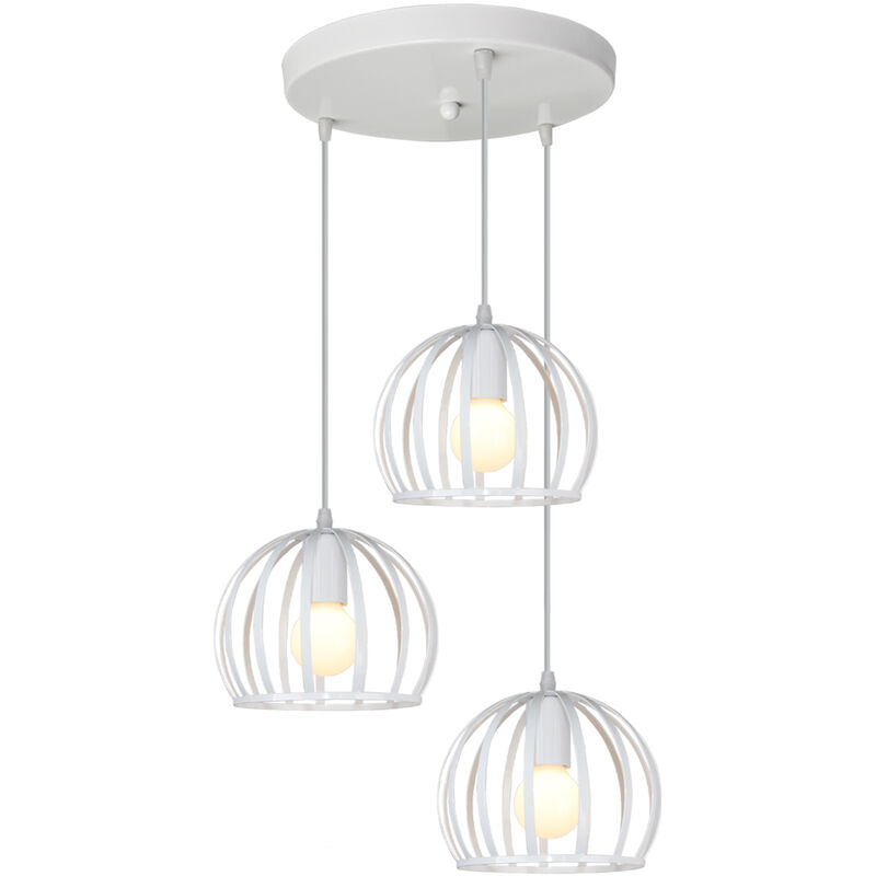 Suspension Luminaire Industrielle 3 Lumières E27 Lustre de Disque Cage de Pastèque Métal Blanc