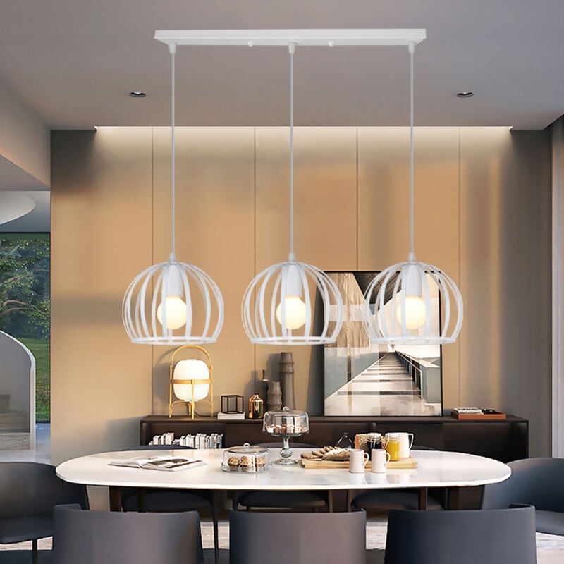 Suspension Luminaire Industrielle 3 Tête Retro Lustre Cage Luminaire Blanc