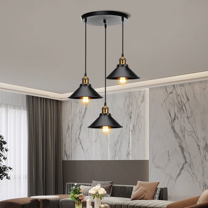 Rétro Lustre Suspension Industrielle E27 3 Lampes Plafonnier Luminaire Ajustable pour Salle à Manger Salon Noir