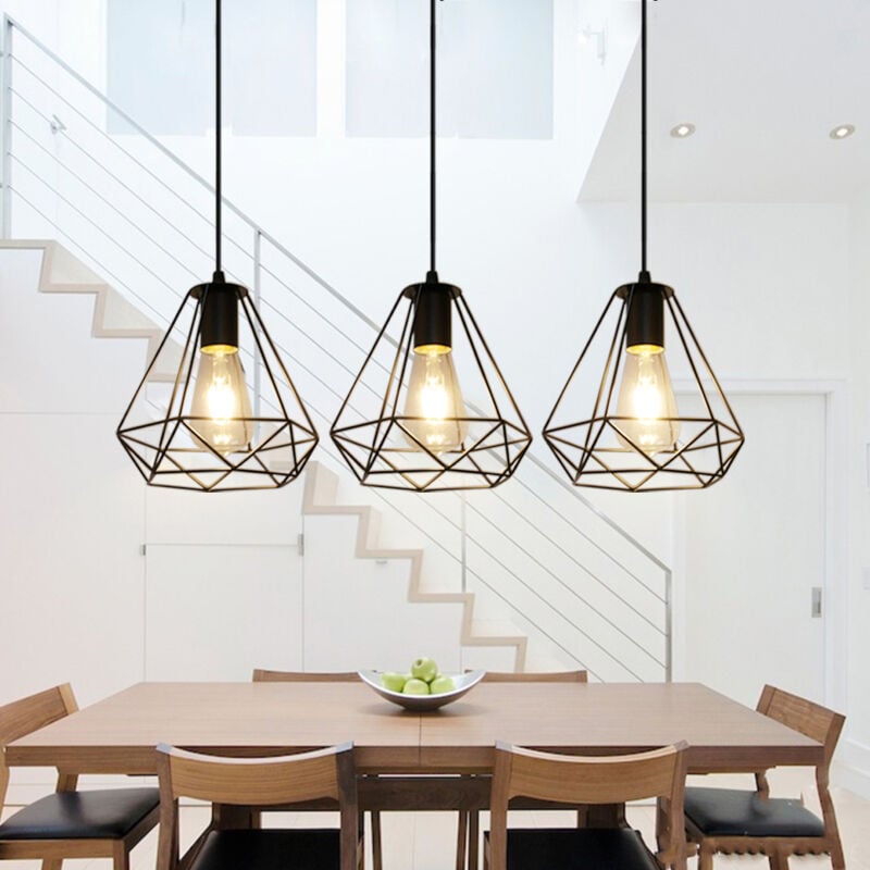 Suspension Luminaire Industrielle en Barre Lustre Abat-jour Cage Diamant Metal Noir