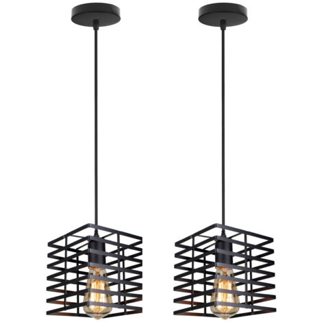 Suspension Luminaire Industrielle Vintage Lustre Plafonnier Cage Éclairage de Plafond Abat-jour Métal Noir - 2Pcs