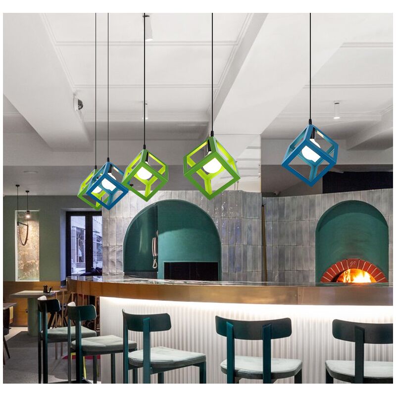 Suspension Luminaire Moderne Suspension Lustre En Forme De Cube Plafonnier Rétro Vintage Bleu