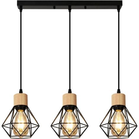 GOECO Suspension Luminaire Noir et Bois, Lustre Salon Industriel Metal 3 Lampe E27, Lampe de Chambre Plafond Vintage (Ampoule Non Incluse) Longueur du châssis 50cm