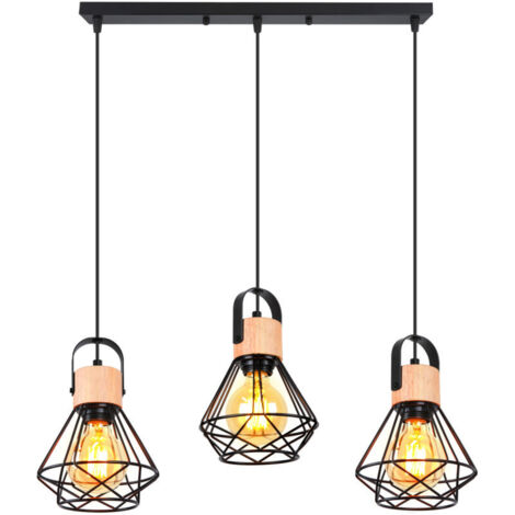 Suspension Luminaire Rétro 3 Lumières Lampe À Suspension Vintage Plafonnier D'Intérieur Moderne En Métal Et En Bois Noir