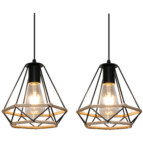 Suspension Luminaire Rétro Industrielle Lustre Suspension Corde de Chanvre Métal Lampe à Suspension Réglable - 2Pcs