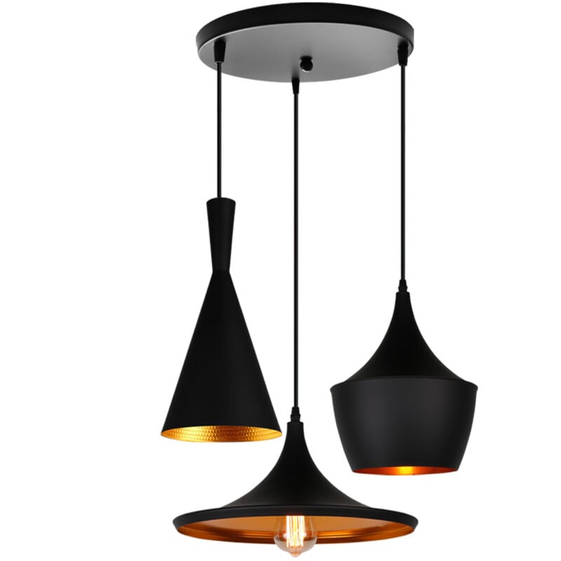 Suspension Luminaire Rétro Vintage Lampe Suspendue Moderne 3 Lumières Lustre En Métal Pour Café, Bar, Cuisine, Noir