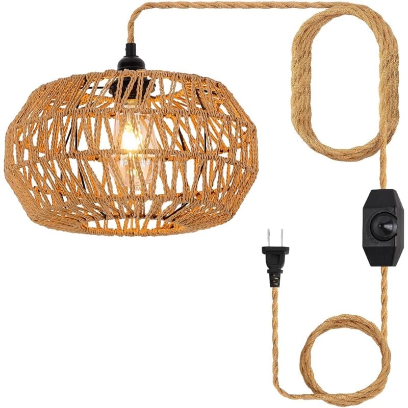 Suspension Luminaire Rotin, E27 Lustre Plafonnier Vintage, E27 Plafonniers en Tresser, Interrupteur à Dimmable, Lustre Chambre, Salon, Lampe de