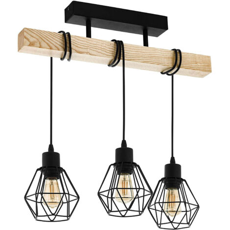 Suspension luminaire Townshend 5, lustre à 3 lampes, abat-jour suspendus au design vintage et industriel, éclairage rétro en acier noir et bois, certifié FSC, douille E27