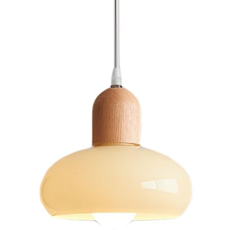 Suspension Luminaire Verre et Bois de Caoutchouc 20cm Style Moderne Scandinave E27 Lampe Suspendue Hauteur Réglable pour Chambre Salon Cuisine (19cm)