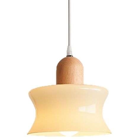 Suspension Luminaire Verre et Bois de Caoutchouc 20cm Style Moderne Scandinave E27 Lampe Suspendue Hauteur Réglable pour Chambre Salon Cuisine (20cm)